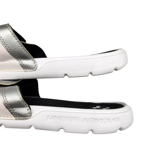 Under Armour Slides Mens 12 Sandals White Black Silver Metallic Ignite Comfort - Picture 8 of 13